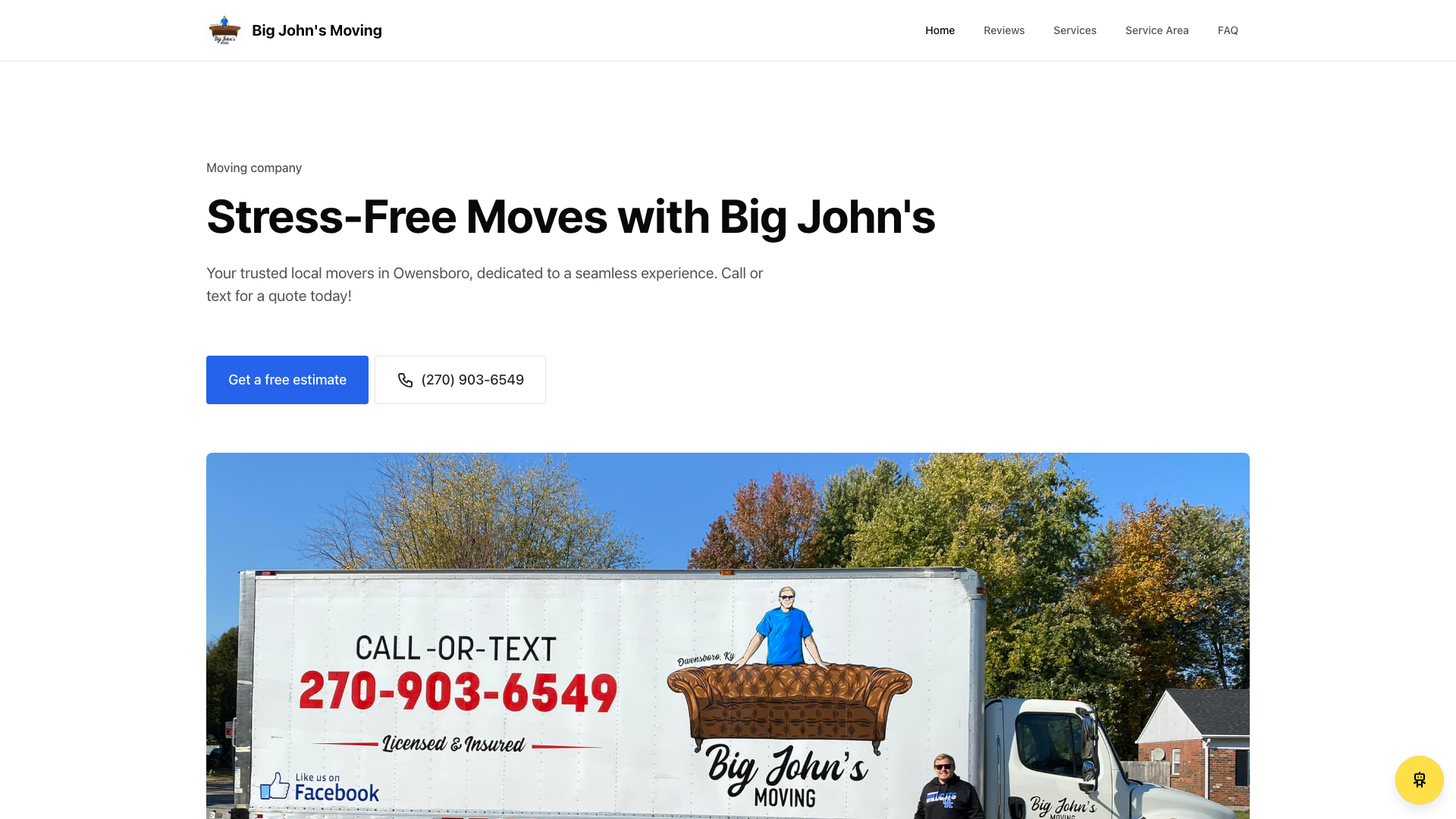 Big John's Moving — desktop SplashyPages site (annotated: customizable areas in red)