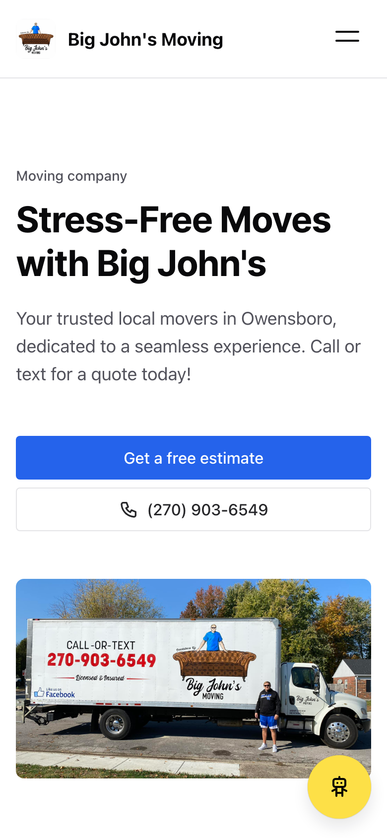 Big John's Moving — mobile SplashyPages site (annotated: customizable areas in red)
